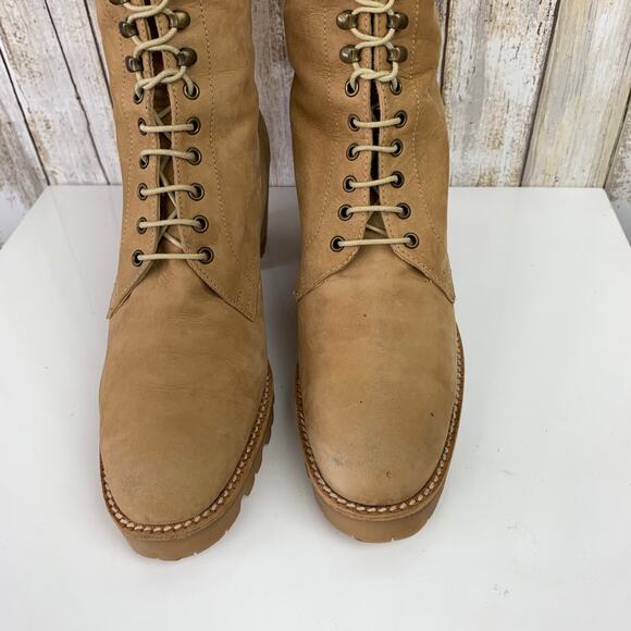 David Aaron Mid Calf Tan Nubuck Leather Lace Up Eyelet Heeled Boots 7 M Spain - Picture 4 of 11